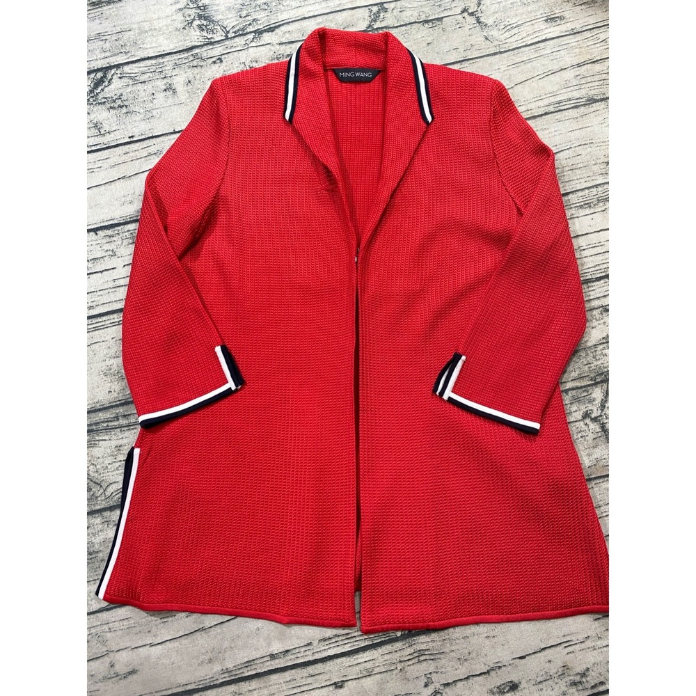Ming Wang Womens M (msrd) Red One Latch 3/4 Sleeve Cardigan Jacket Knit Contrast - Picture 3 of 11